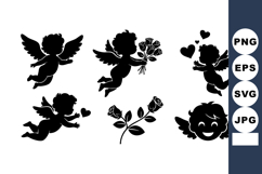Cherubs Angel Silhouettes Love Hearts Rose Bouquet Vector Product Image 1