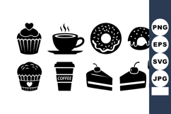Black Silhouette Coffee Cupcake Donut Cake Icons Product Image 1