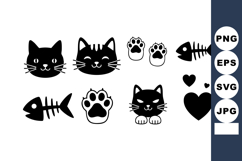 Black Cat Faces Paws Fish Bones Hearts Vector Icons Product Image 1