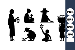 Silhouettes Women Gardening Lantern Flowers Vector Product Image 1