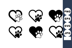 Heart Paw Print Icons Black White Vector Set Product Image 1