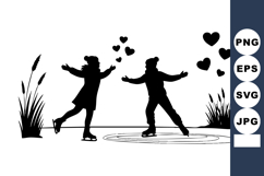 Romantic Silhouette Couple Skating Ice Hearts Vector Product Image 1