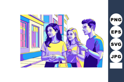 Group of young friends walking and talking outdoors in color Product Image 1
