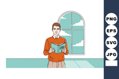 Man Reading Book by Window with Clouds and Sky Background in Product Image 1