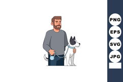 Man walking dog on leash in casual outfit with beard and sho Product Image 1