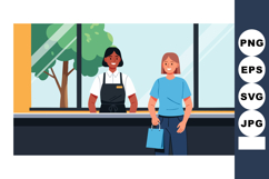Smiling cashier and customer interaction at checkout counter Product Image 1