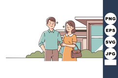 Young couple standing outside modern house smiling happily t Product Image 1