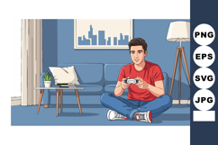 Young man sitting on floor playing video game controller in Product Image 1