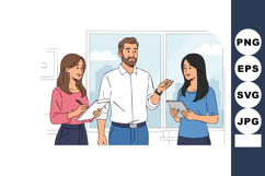 Business team discussing project plan with papers in modern Product Image 1
