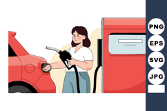 Woman refueling car at gas station with red pump vector illu Product Image 1
