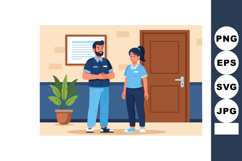 Two people talking inside room with wooden door and potted p Product Image 1