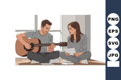 Couple enjoying music playing acoustic guitar indoors casual Product Image 1