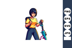 Young woman gamer holding futuristic weapon with backpack pi Product Image 1