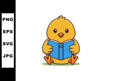 Cute yellow chick sitting and reading blue book vector illus Product Image 1
