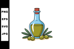 Olive oil bottle with green olives and leaves hand drawn vec Product Image 1