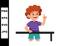 Boy with curly hair pointing finger standing behind table in Product Image 1