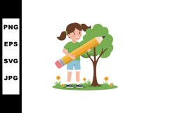 Girl holding large yellow pencil near tree with green leaves Product Image 1