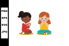 Two sad girls with doll and tears sitting on floor vector il Product Image 1