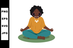 Woman meditating in lotus pose wearing orange top and teal p Product Image 1