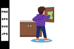 Boy cleaning kitchen cabinet with green cloth in casual clot Product Image 1