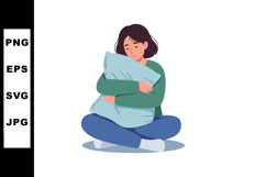 Young woman hugging blue pillow sitting cross legged casual Product Image 1