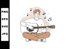 Young man playing acoustic guitar seated cross-legged with m Product Image 1