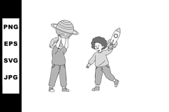 Children playing with space toys rocket and planet illustrat Product Image 1
