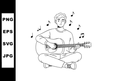 Young man playing acoustic guitar sitting cross legged with Product Image 1
