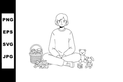 Young Woman Sitting Cross Legged with Toys Basket and Blocks Product Image 1