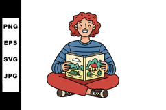 Child with red hair sitting cross-legged reading illustrated Product Image 1