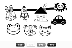 Black and White Kids Animal and Space Clipart Bundle Product Image 1