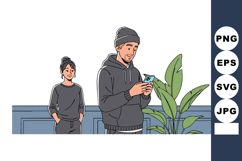Young man using smartphone with woman standing behind in cas Product Image 1