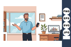 Man Using Smartphone in Office Interior with Window and Desk Product Image 1