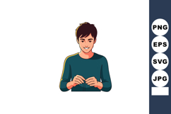 Young man with dark hair tying shoelaces in casual green swe Product Image 1