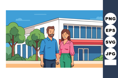 Couple standing in front of modern house with trees and clea Product Image 1