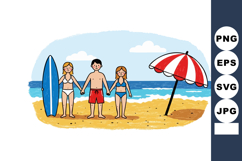 Children holding hands on beach with surfboard and red umbre Product Image 1