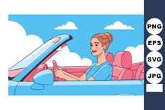 Woman Driving Blue Convertible Car with Pink Interior Illust Product Image 1