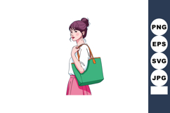 Young woman with green tote bag and pink skirt casual style Product Image 1