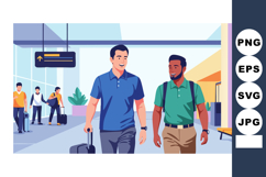 Two male travelers walking in airport terminal with luggage Product Image 1