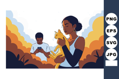 Woman holding cat with man using phone in colorful cloud bac Product Image 1