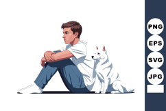 Young boy sitting with white dog companion in casual outfit Product Image 1