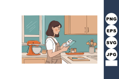 Woman reading recipe in modern kitchen with orange mixer and Product Image 1