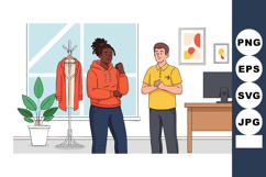 Two people talking in office with orange hoodie and yellow s Product Image 1