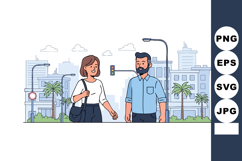 Man and Woman Walking in Urban City Street with Buildings an Product Image 1