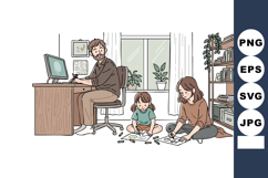 Family Working and Drawing Together in Cozy Home Office Sett Product Image 1