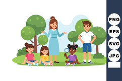 Children and teacher learning outdoors with magnifying glass Product Image 1