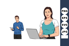 Young woman and man using laptop and smartphone in casual di Product Image 1