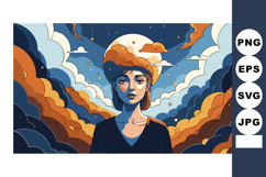 Woman with orange clouds and full moon digital vector illust Product Image 1
