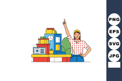 Woman pointing at colorful school supplies and books vector Product Image 1