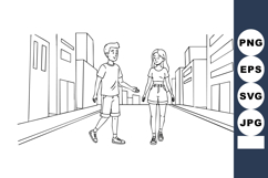 Children walking in urban street cityscape vector line art i Product Image 1